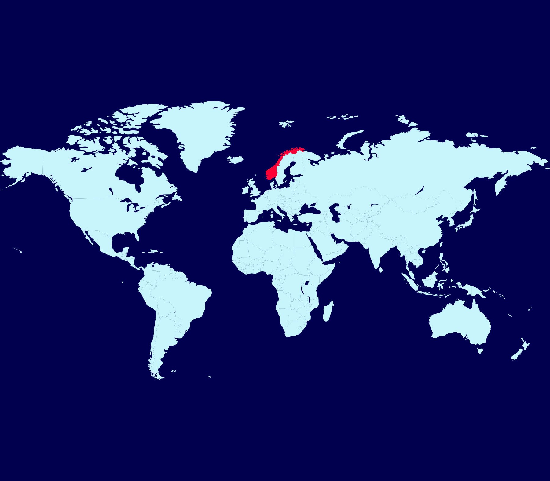 Map of the world with Norway highlighted in read